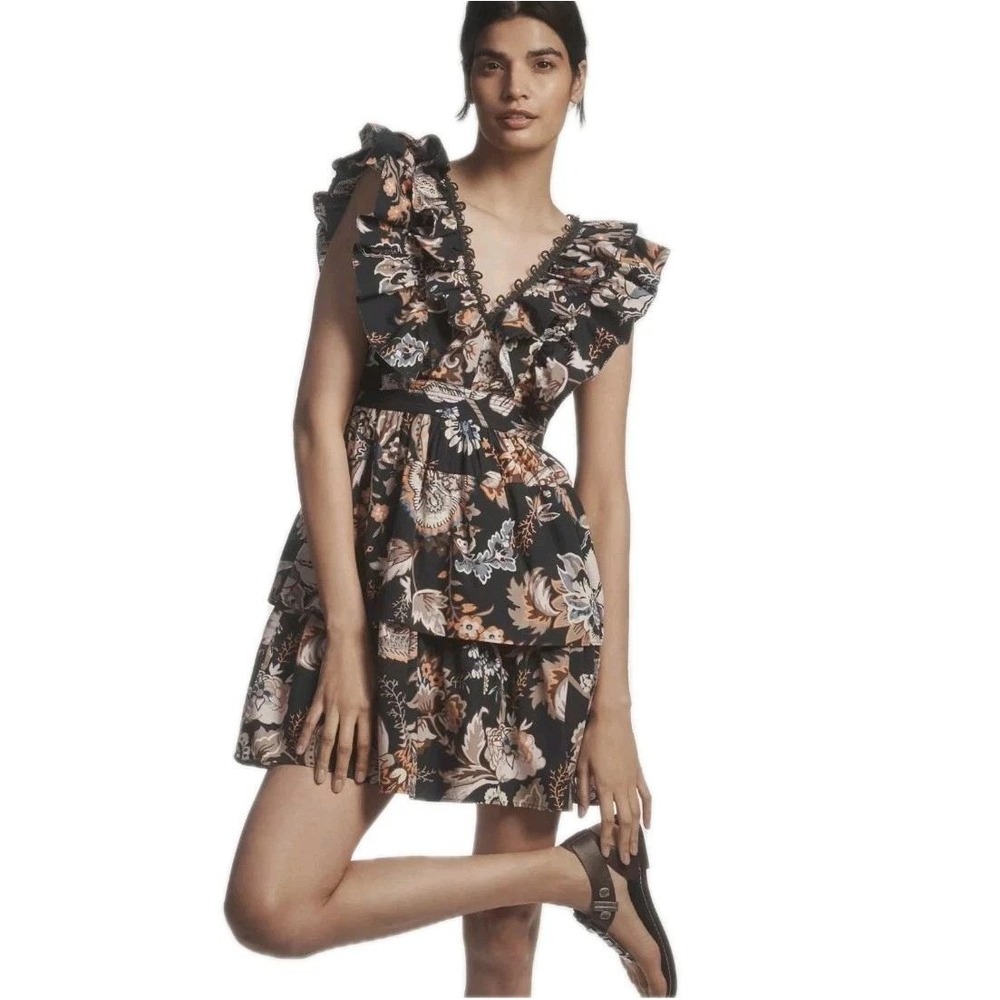 Anthropologie Floral Ruffled A Line Mini Dress Sleeveless Navy Marin Size M